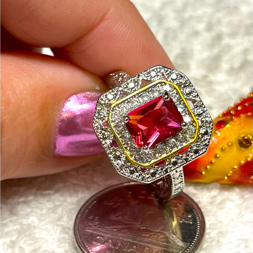 Ruby and rhinestone ring -two tone gold